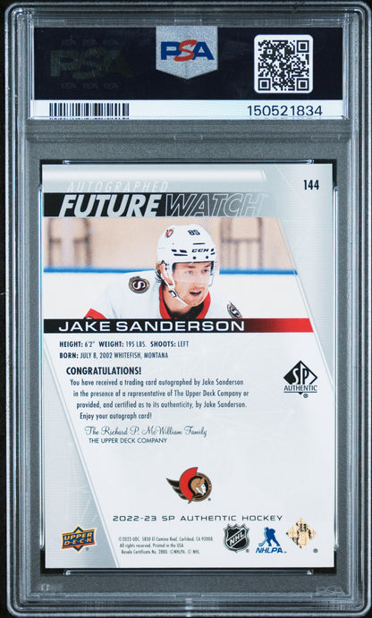 Jake Sanderson 2022 Upper Deck SP Authentic Rookie Auto #794/999 PSA 9 Mint