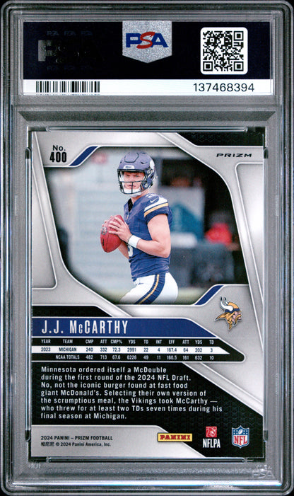 J.J. McCarthy 2024 Panini Prizm Rookie #400 Silver Prizm PSA 10 Gem Mint