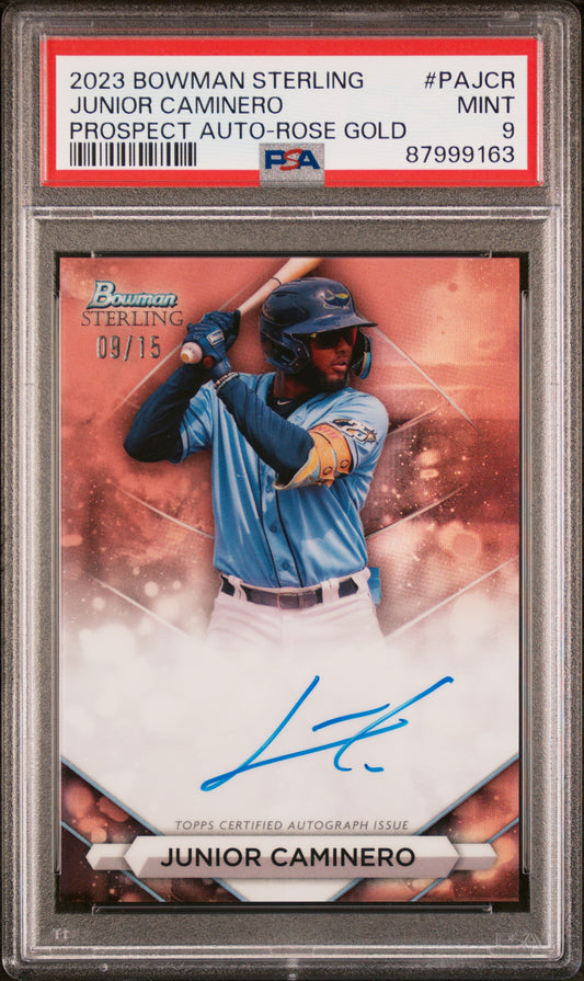 Junior Caminero 2023 Bowman Sterling Rose Gold Auto #9/15 PSA 9 Mint