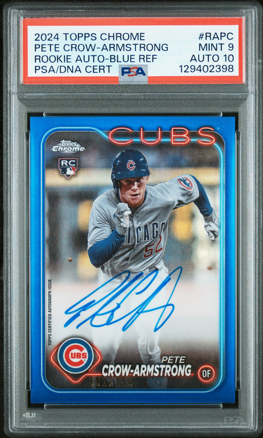 Pete Crow-Armstrong 2024 Topps Chrome Blue Refractor Rookie Auto #91/150 PSA 9 Auto 10
