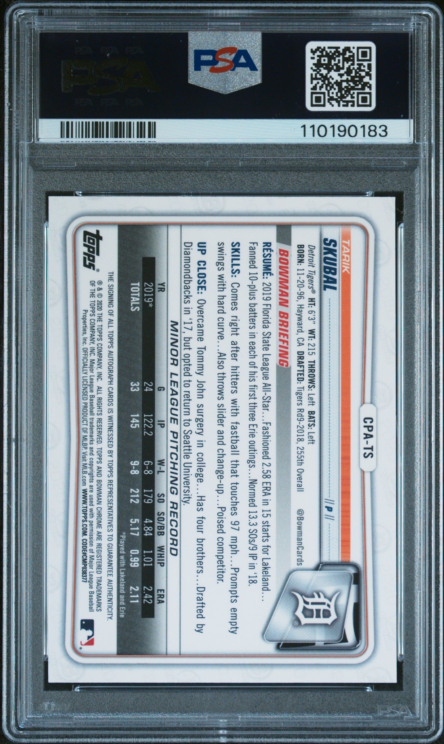 Tarik Skubal 2020 Bowman Chrome Autograph PSA 10 Auto 10
