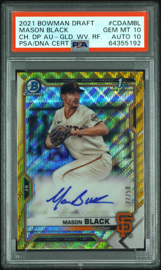 Mason Black 2021 Bowman Draft Gold Wave Auto #27/50 PSA 10 Auto 10
