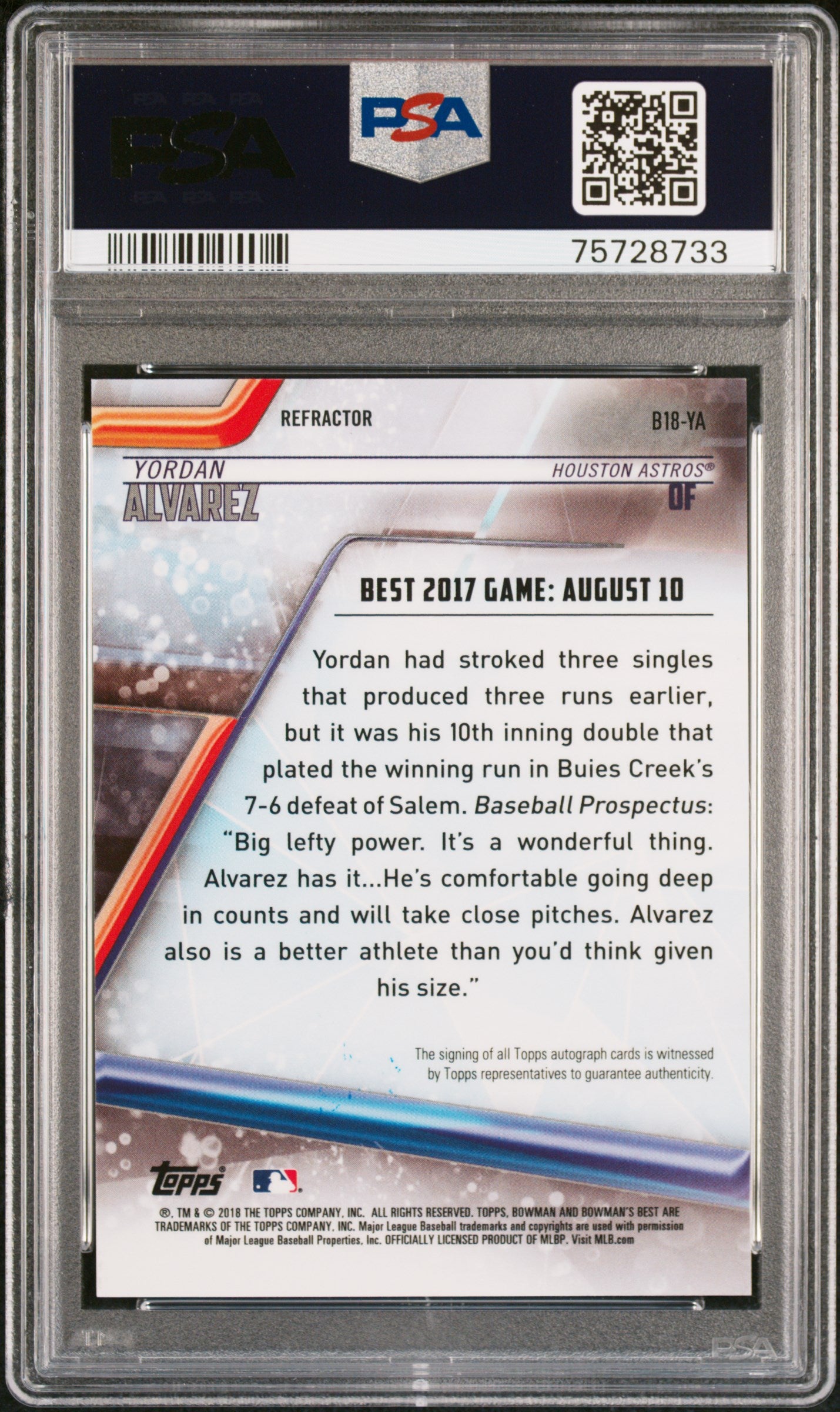 Yordan Alvarez 2018 Bowmans Best Refactor Auto RC PSA 10 Gem Mint