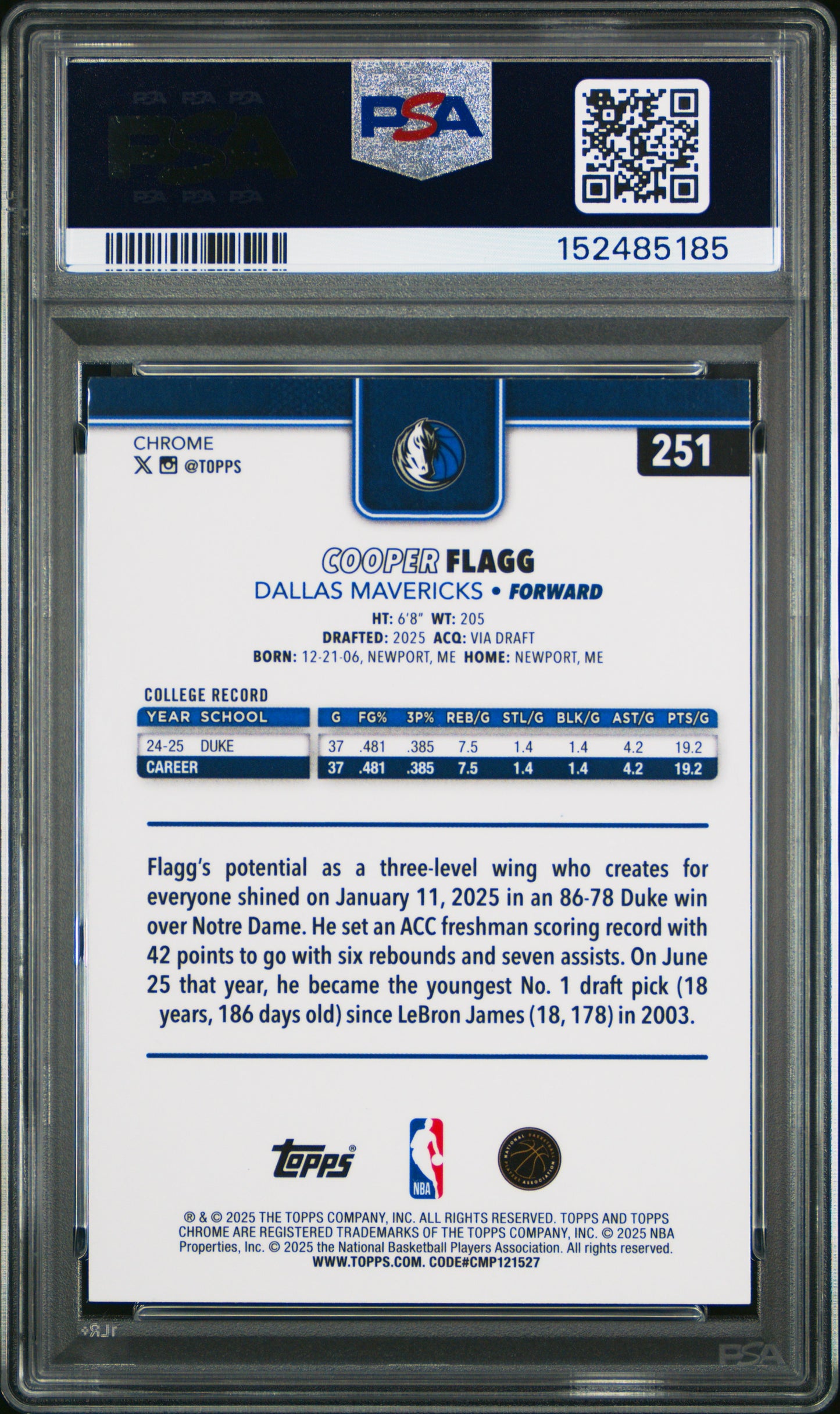 Cooper Flagg 2025 Topps Chrome Rookie #251 Red White Blue Refractor PSA 9 Mint 5185