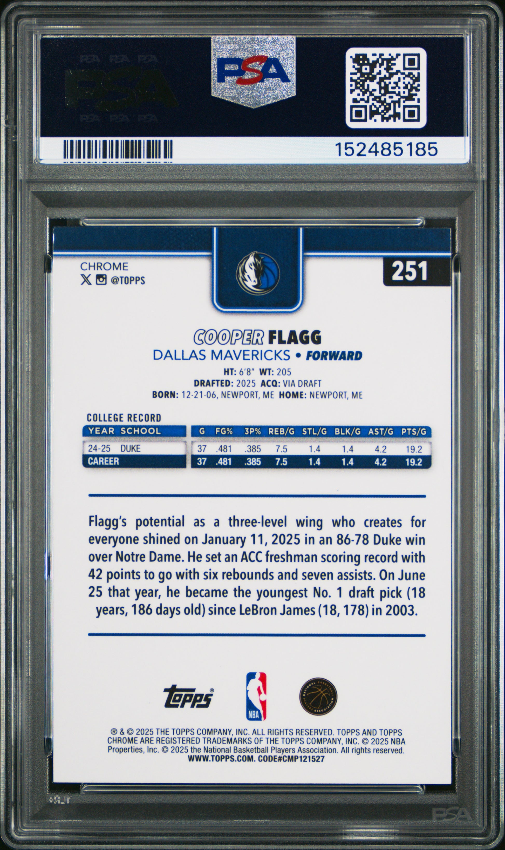 Cooper Flagg 2025 Topps Chrome Rookie #251 Red White Blue Refractor PSA 9 Mint 5185