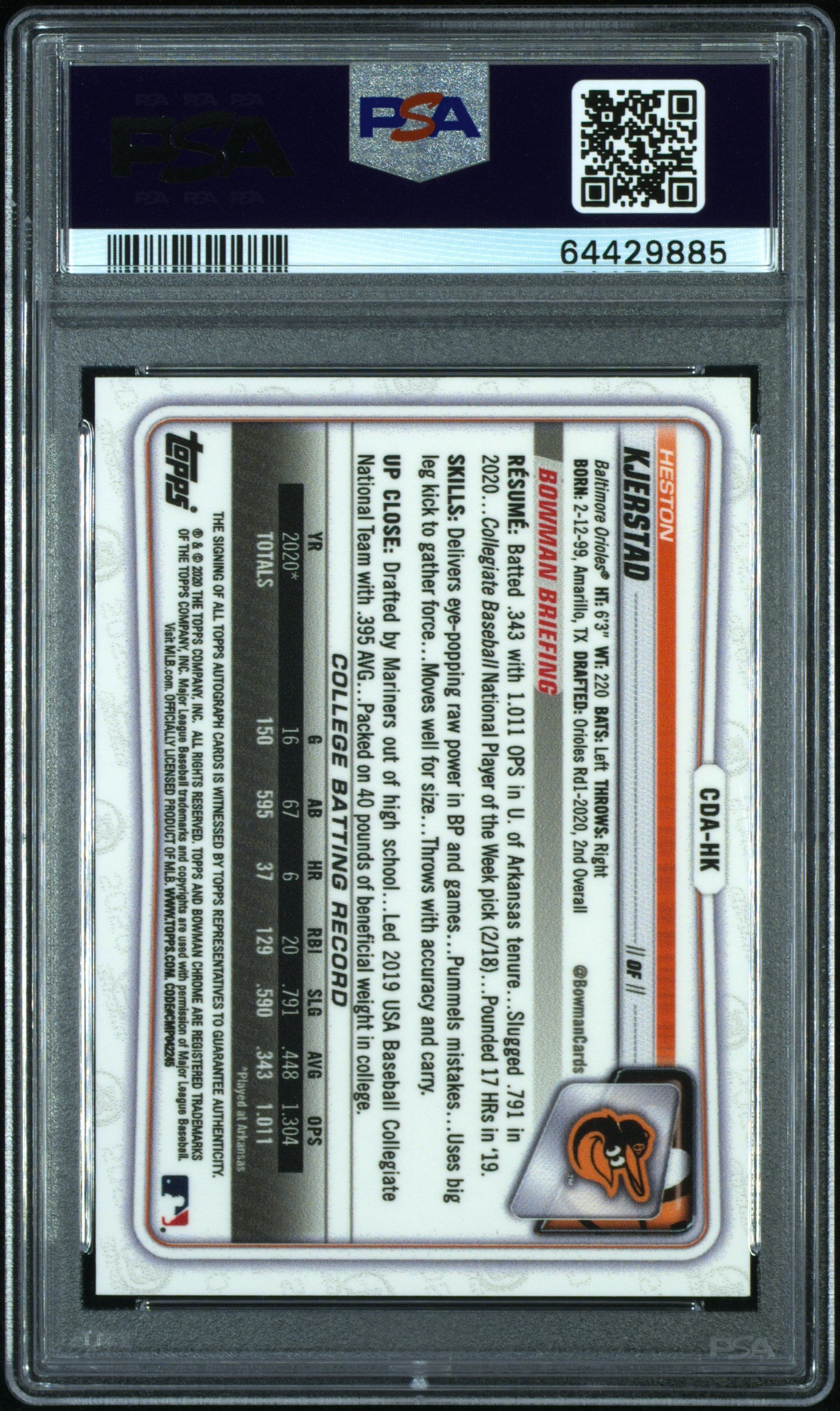 Heston Kjerstad 2020 Bowman Chrome Draft Auto PSA 9 Auto 10