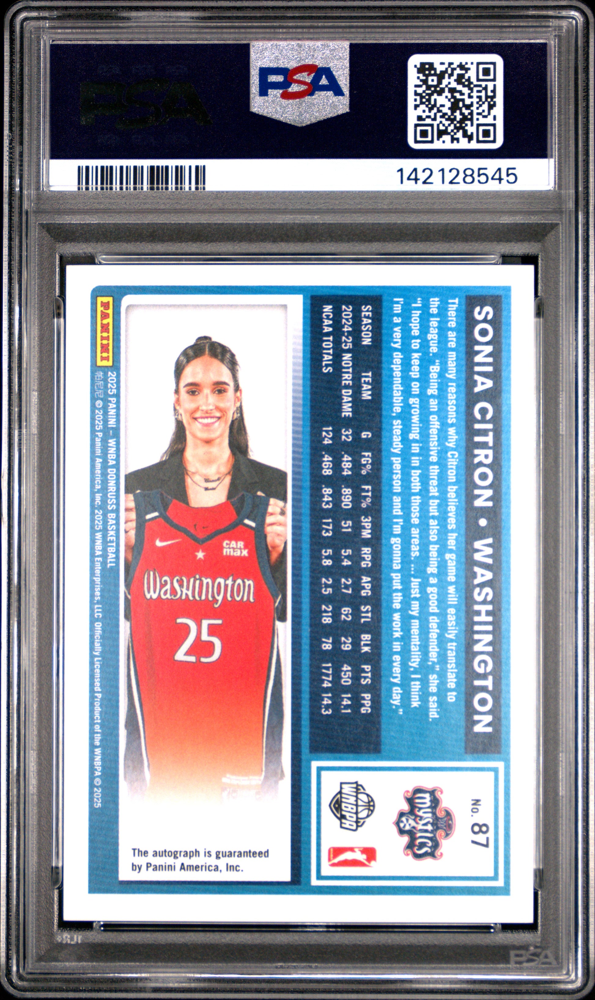 Sonia Citron 2025 Donruss WNBA Signature Holo Frame #18/49 PSA 9 Mint