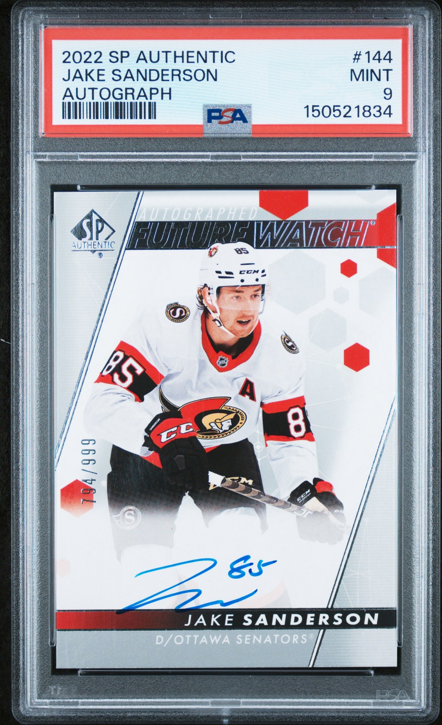 Jake Sanderson 2022 Upper Deck SP Authentic Rookie Auto #794/999 PSA 9 Mint