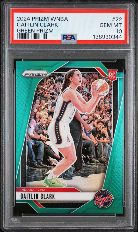 Caitlin Clark 2024 Panini Prizm WNBA Rookie #22 Green Prizm PSA 10 Gem Mint