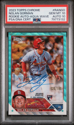 Nolan Gorman 2023 Topps Chrome Aqua Wave #26/199 PSA 10 Auto 10