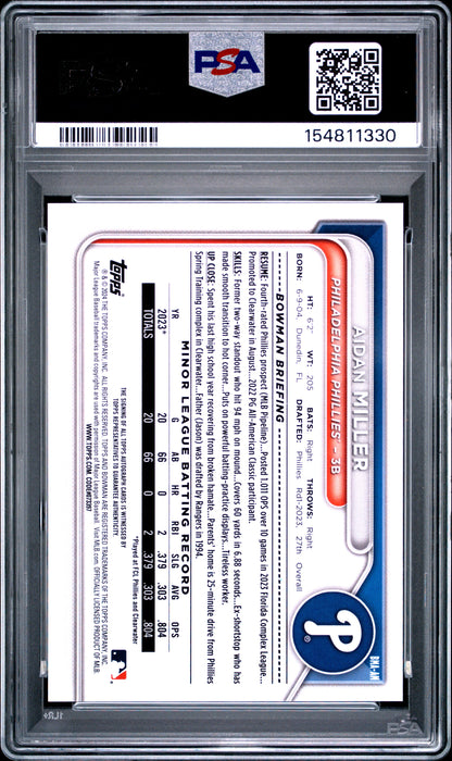 Aidan Miller 2024 Bowman Chrome Mega Box Green Refractor Auto #57/99 PSA 10 Gem Mint