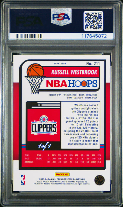 Russell Westbrook 2023 Hoops PRemium Stock Black Disco Prizm #1/1 PSA 10 Gem Mint