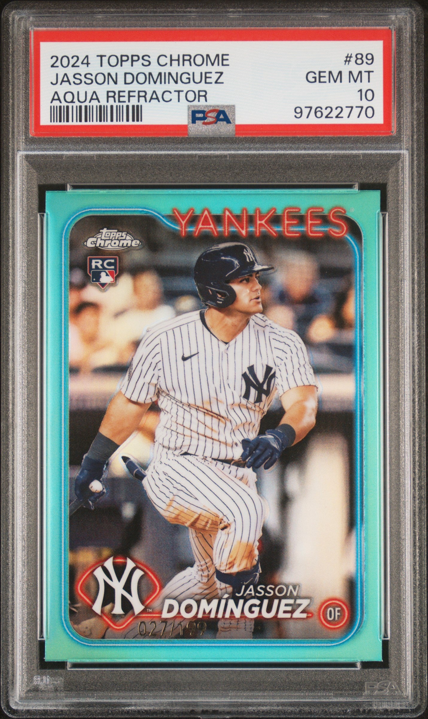 Jasson Dominguez 2024 Topps Chrome RC #89 Aqua Refractor #27/199 PSA 10 Gem Mint