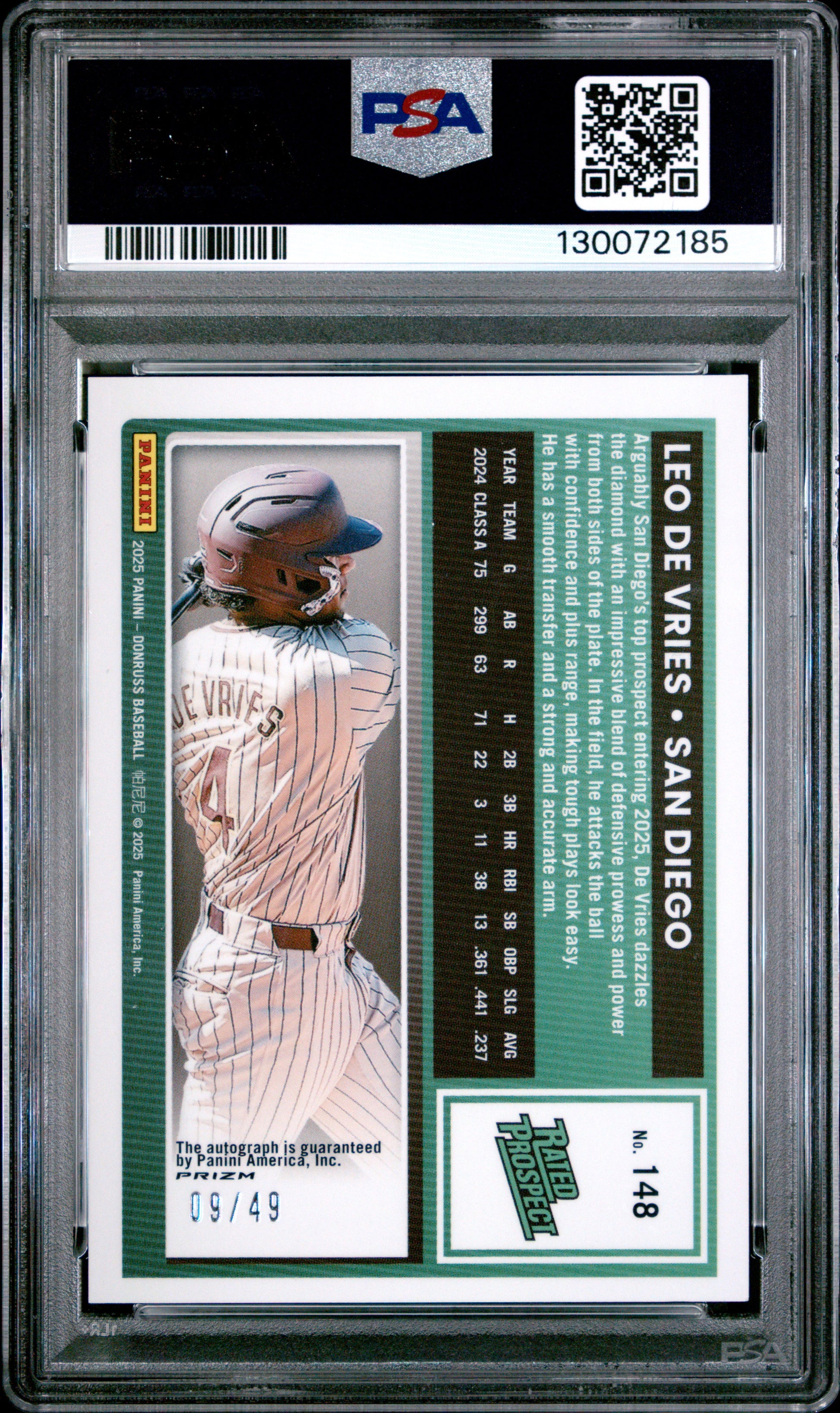 Leo De Vries 2025 Donruss Optic Purple Auto #9/49 PSA 9 Mint
