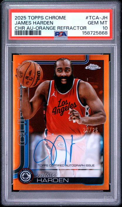 James Harden 2025 Topps Chrome Orange Auto #20/25 PSA 10 Gem Mint