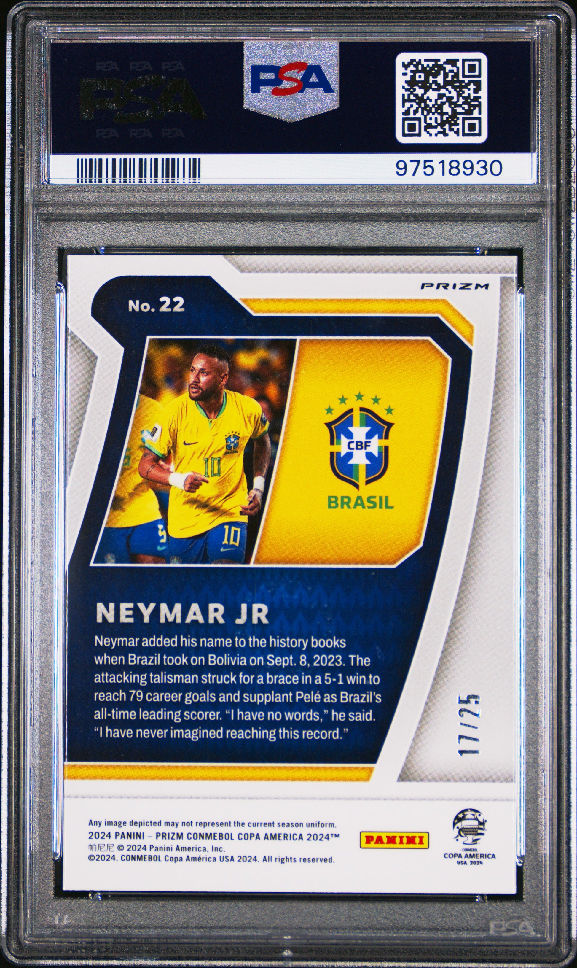 Neymar Jr. 2024 Prizm Copa Scores Club Orange Prizm #17/25 PSA 10 Gem Mint