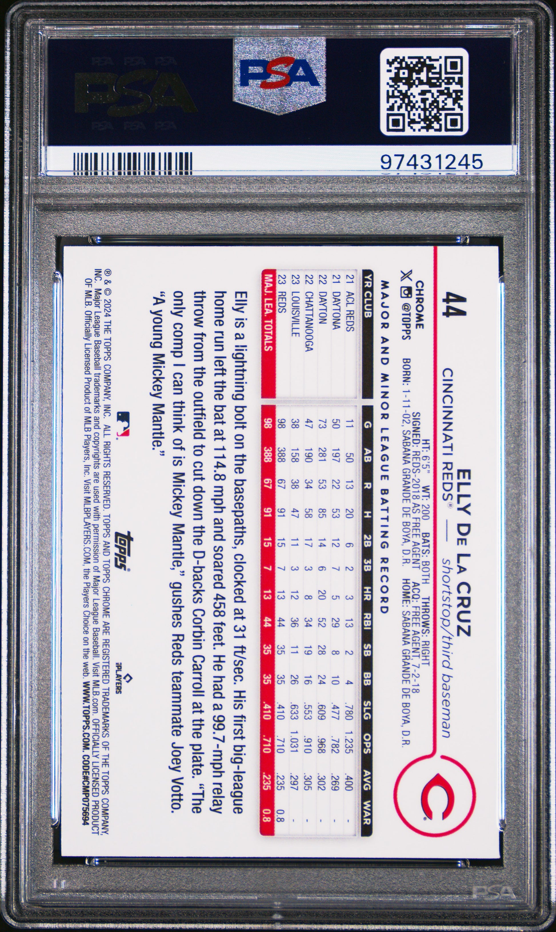 Elly de la Cruz 2024 Topps Chrome Rookie #44 Purple Sonar Refactor #186/275 PSA 10 Gem Mint