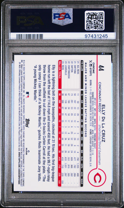 Elly de la Cruz 2024 Topps Chrome Rookie #44 Purple Sonar Refactor #186/275 PSA 10 Gem Mint