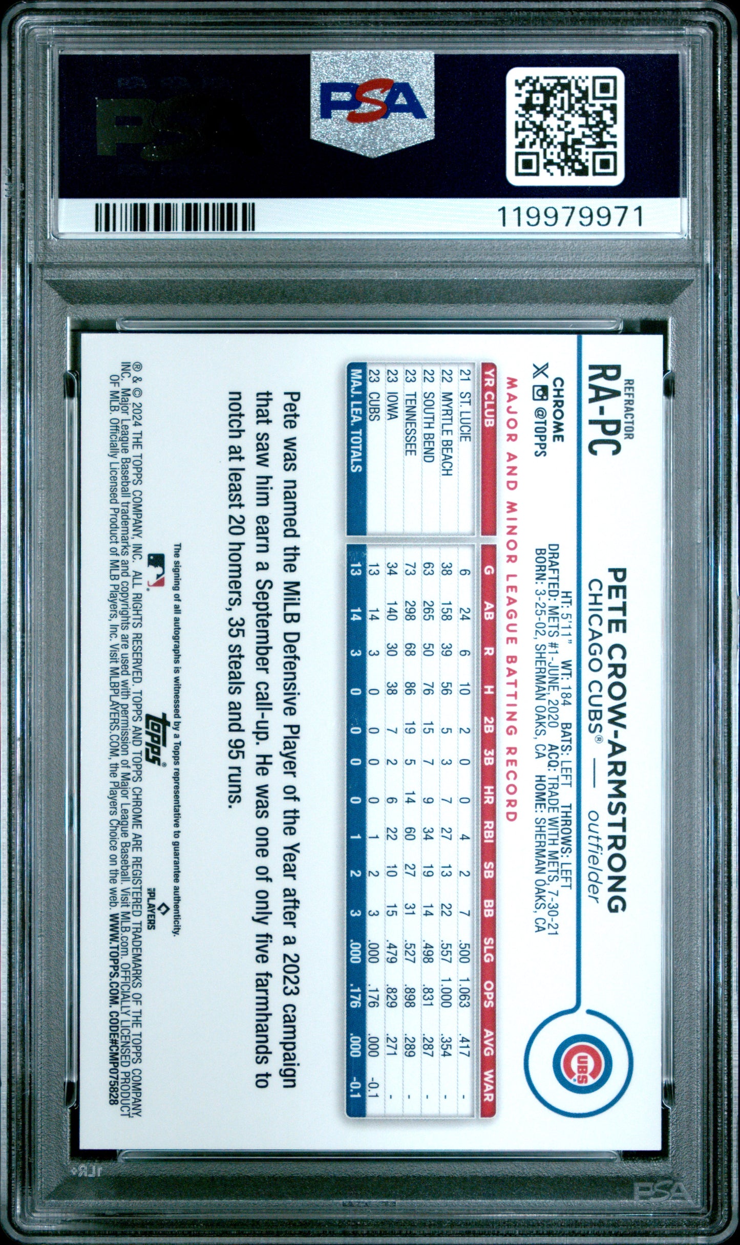 Pete Crow-Armstrong 2024 Topps Chrome Rookie Auto Refractor PSA 9 Mint