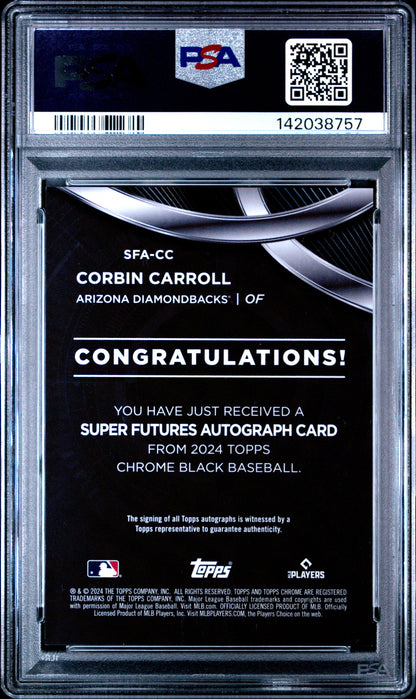 Corbin Carroll 2024 Topps Chrome Black Super Futures Red Refractor Auto #3/5 PSA 9 Mint