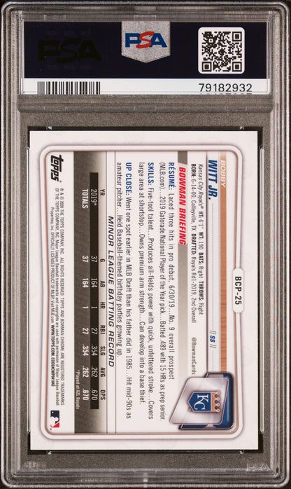 Bobby Witt Jr. 2020 Bowman Chrome Sapphire #BCP25 PSA 9 Mint