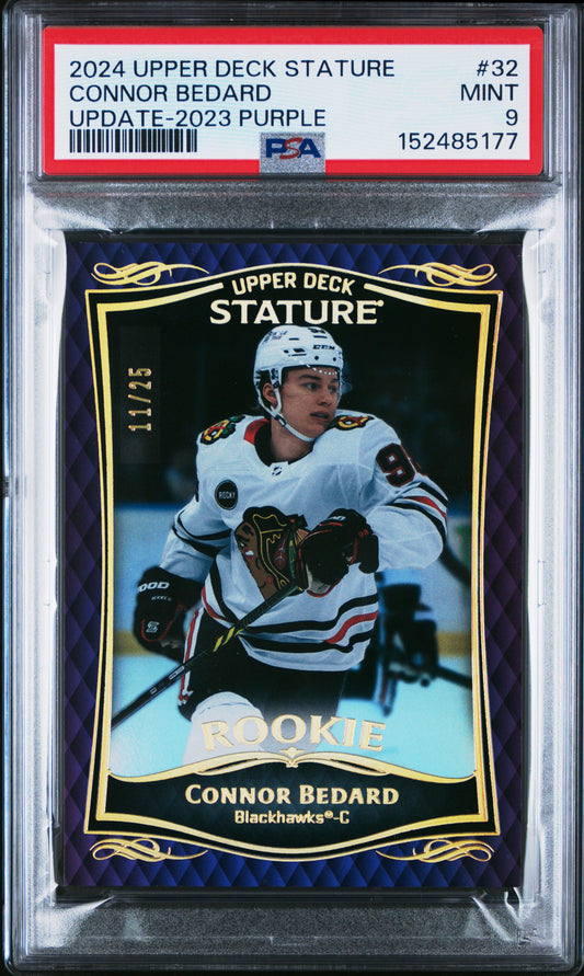 Connor Bedard 2024 Upper Deck Stature 2023 Purple Update Rookie #11/25 PSA 9 Mint