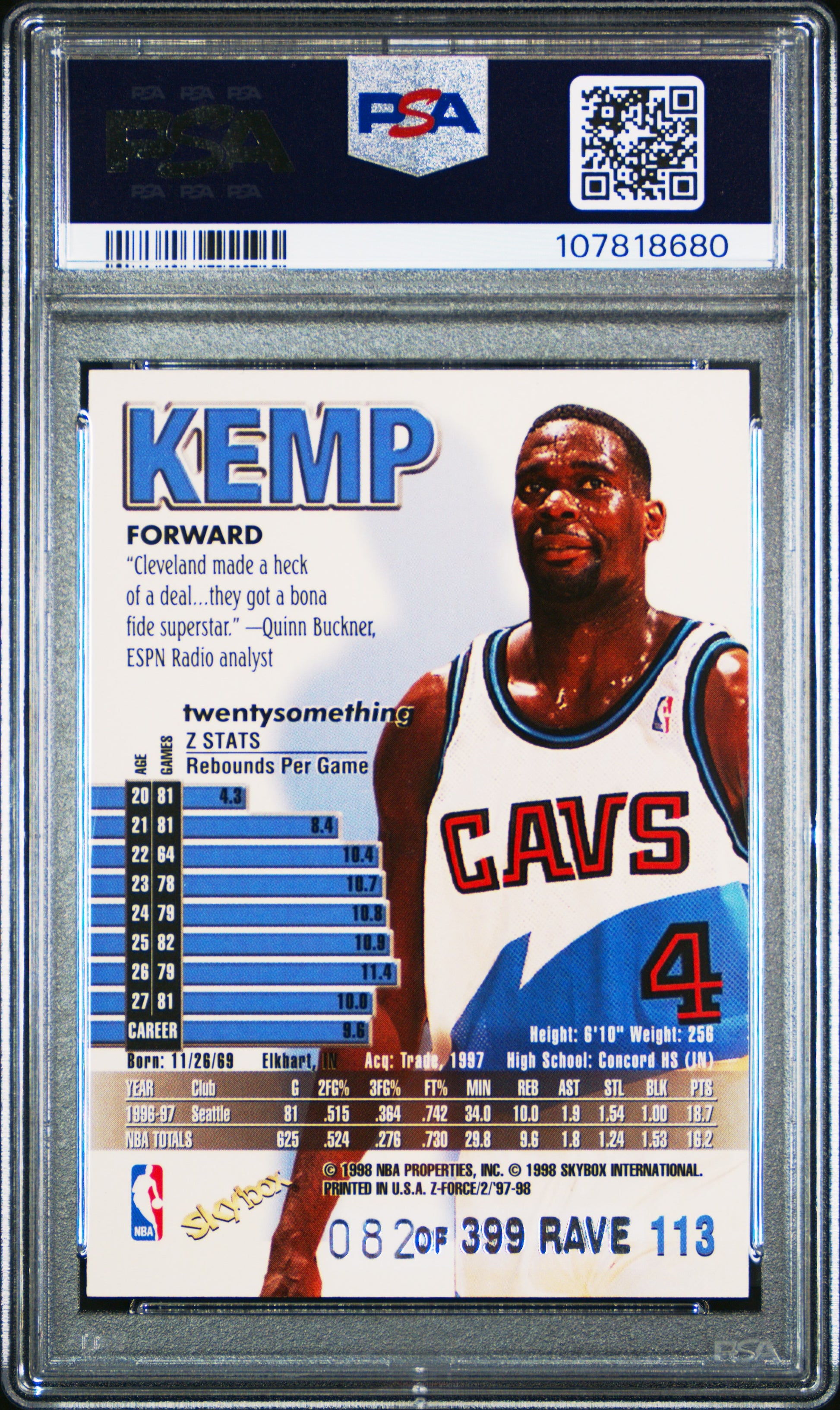 Shawn Kemp 1997 Skybox Z-Force #113 Rave Parallel #82/399 PSA 8 Nm-Mint