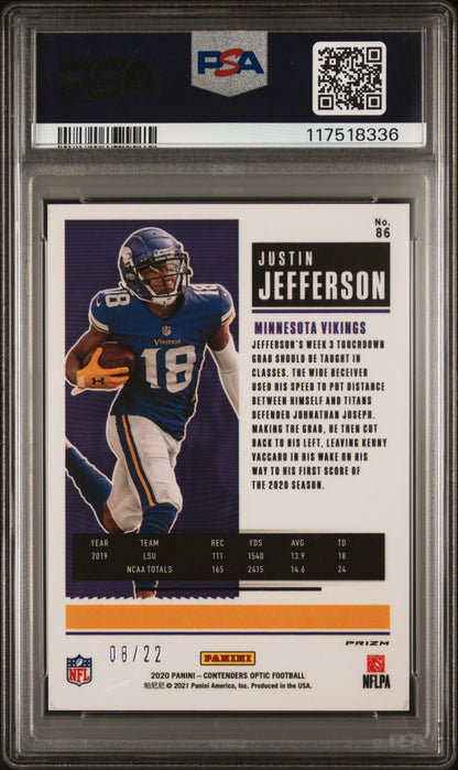 Justin Jefferson 2020 Panini Contenders Optic Cracked Ice Rookie #8/22 PSA 10 Gem Mint
