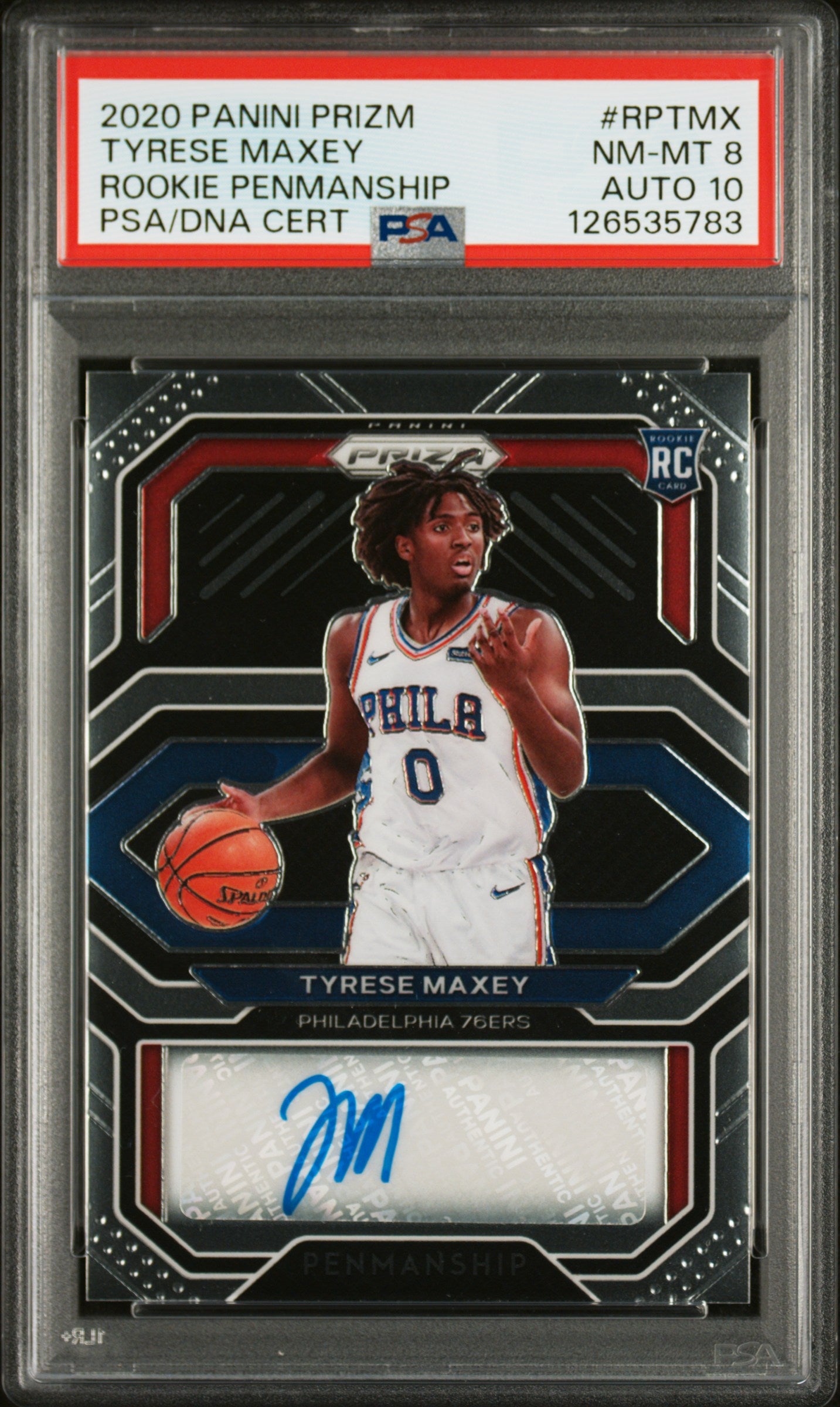 Tyrese Maxey 2020 Panini Prizm Rookie Penmanship Auto PSA 8 Auto 10