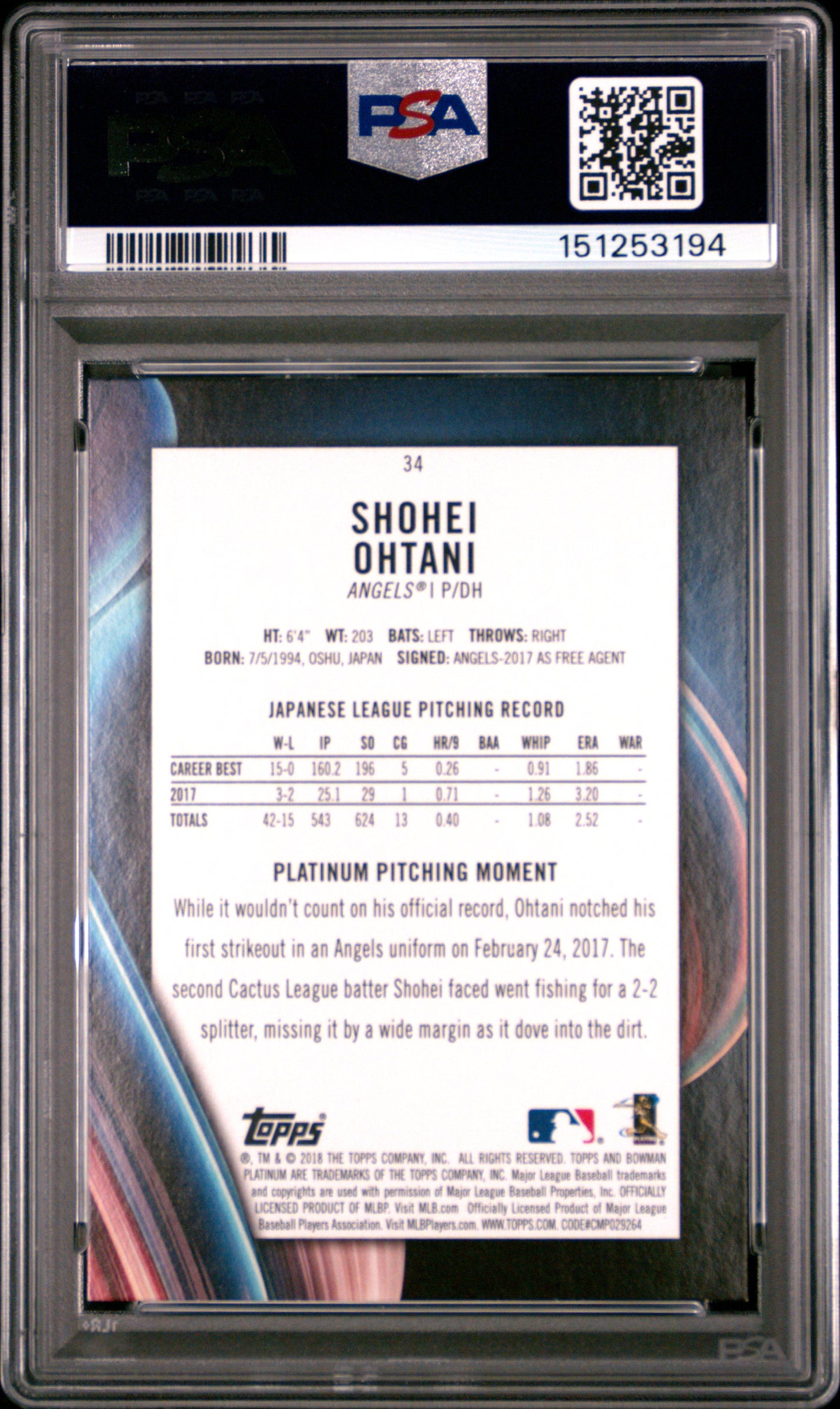 Shohei Ohtani 2018 Bowman Platinum Rookie #34 PSA 9 Mint 3194