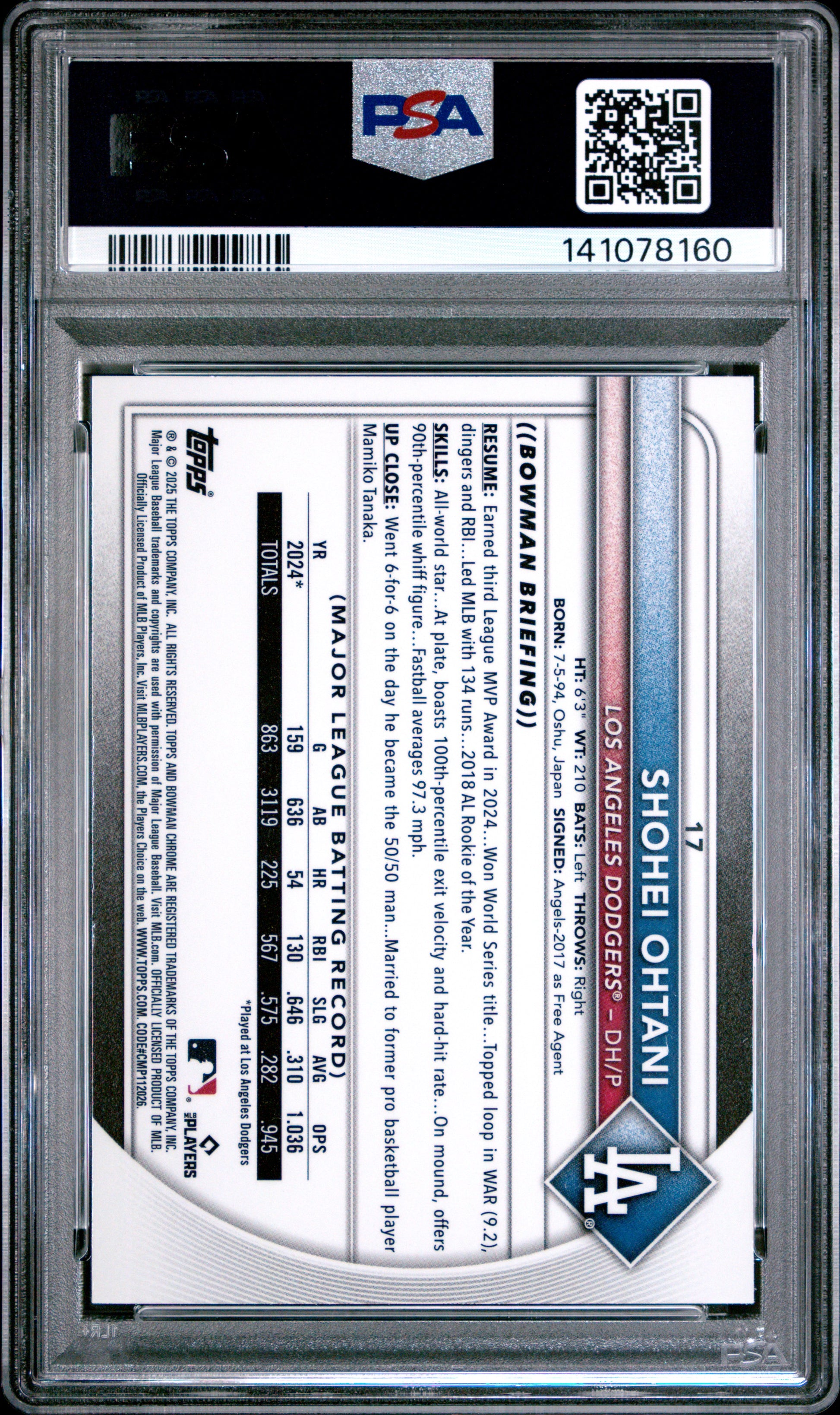Shohei Ohtani 2025 Bowman Chrome Sapphire #17 PSA 10 Gem Mint 8160