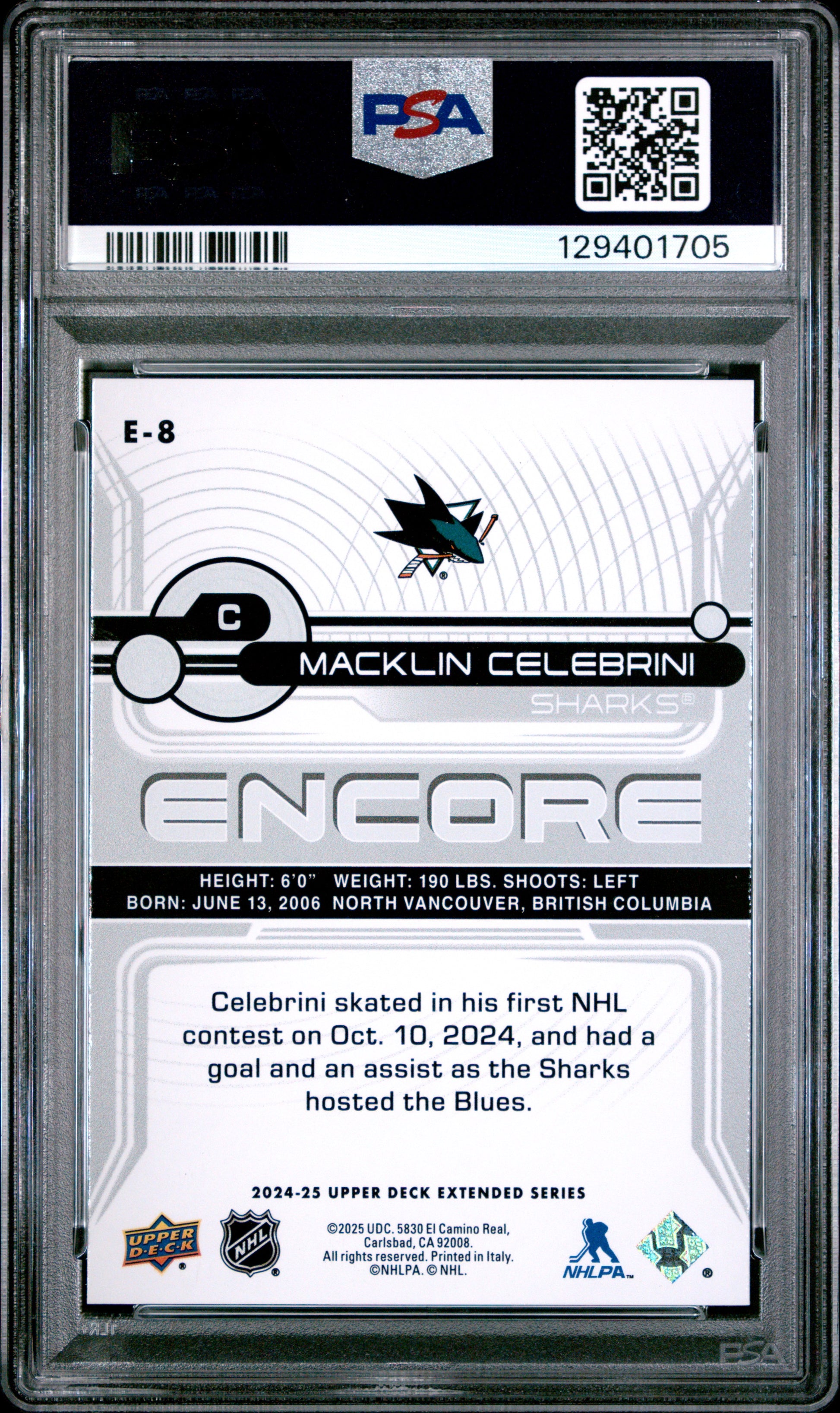 Macklin Celebrini 2024 Upper Deck Encore #E8 PSA 10 Gem Mint