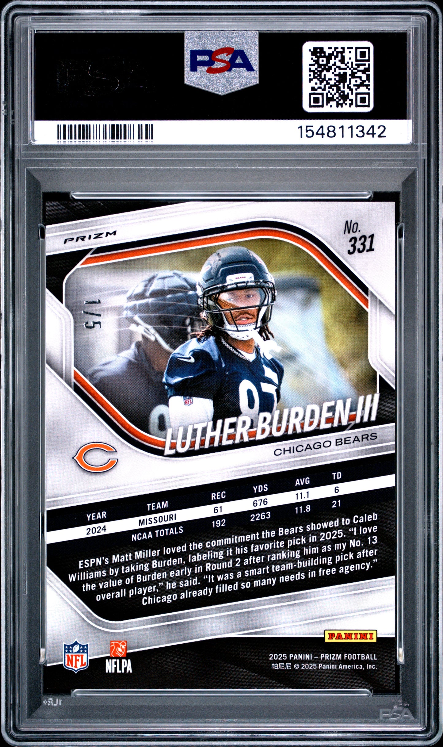 Luther Burden III 2025 Panini Prizm Rookie #331 Green Shimmer #1/5 PSA 10 Gem Mint