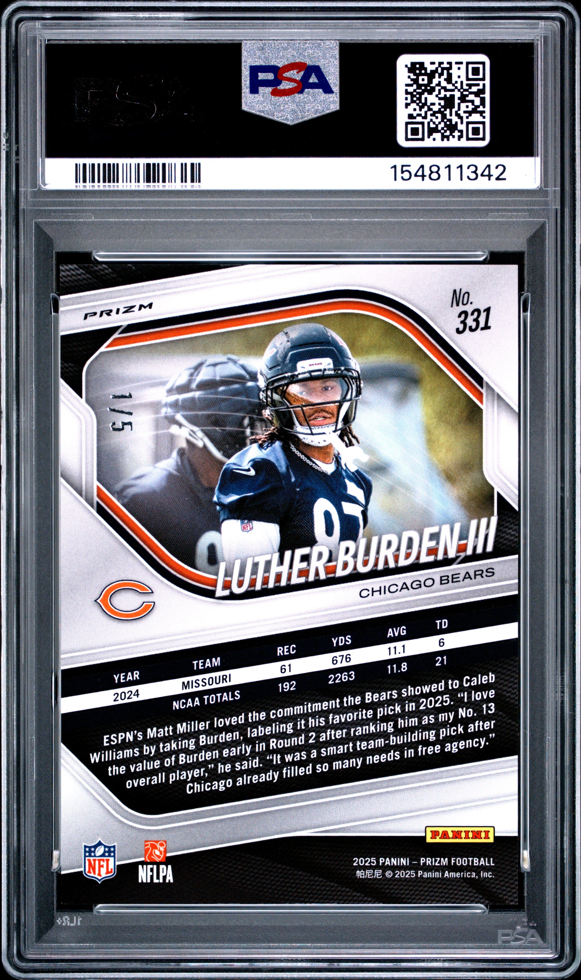 Luther Burden III 2025 Panini Prizm Rookie #331 Green Shimmer #1/5 PSA 10 Gem Mint