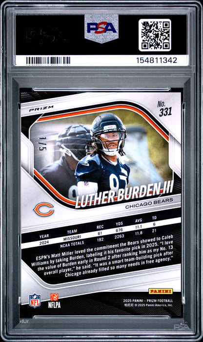 Luther Burden III 2025 Panini Prizm Rookie #331 Green Shimmer #1/5 PSA 10 Gem Mint