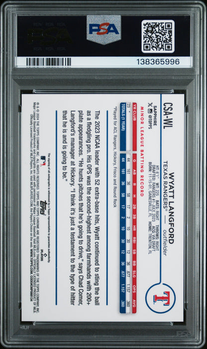 Wyatt Langford 2024 Topps Sapphire Green Rookie Auto #78/99 PSA 10 Auto 10