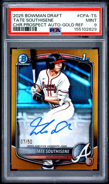 Tate Southisene 2025 Bowman Draft Gold Refractor Auto #7/50 PSA 9 Mint