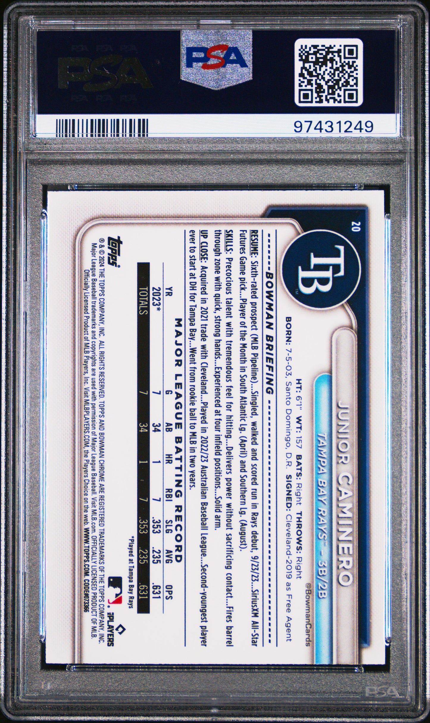 Junior Caminero 2024 Bowman Mega Pink Refractor #51/199 PSA 10 Gem Mint