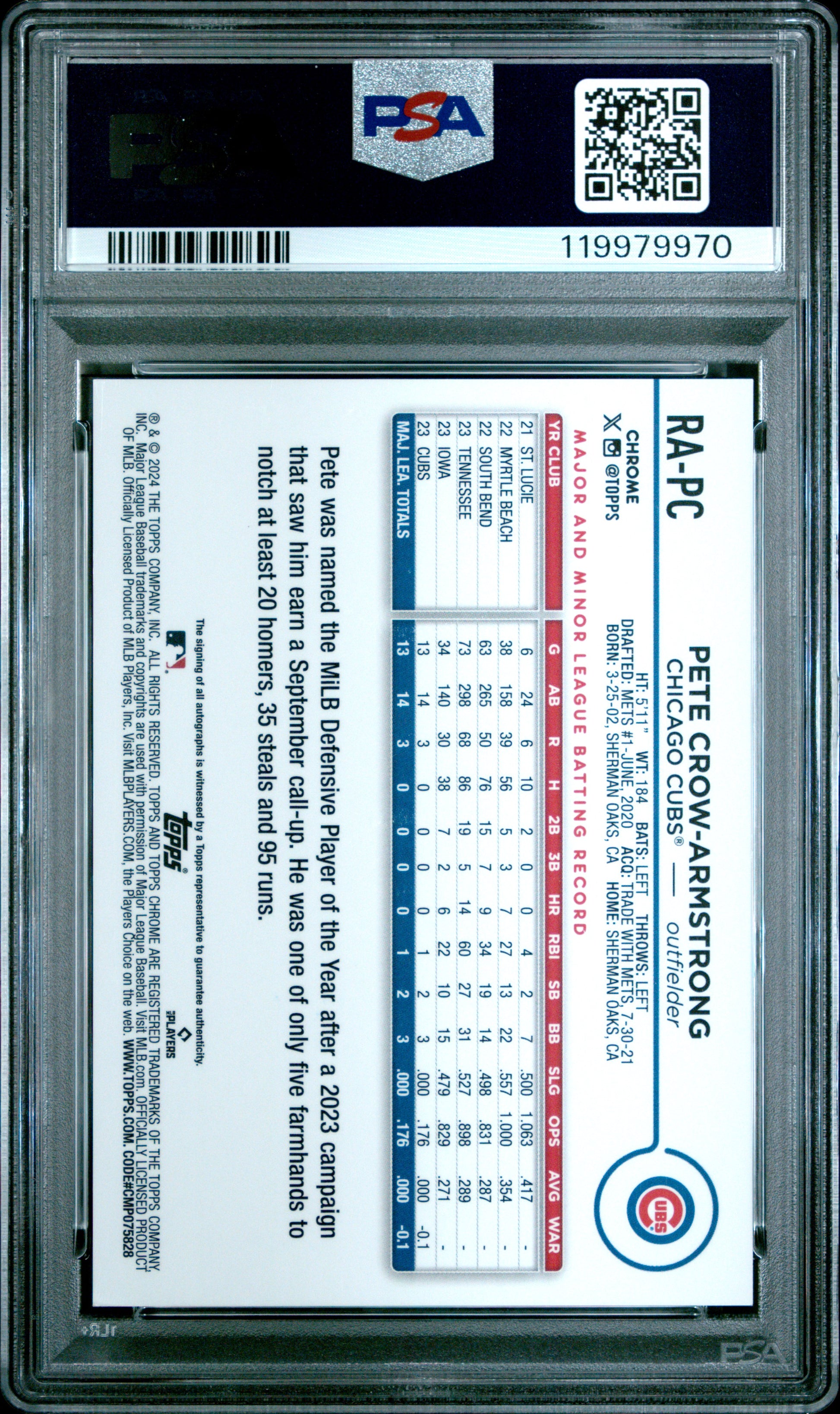 Pete Crow-Armstrong 2024 Topps Chrome Rookie Auto Blue Raywave #124/150 PSA 6 Ex-Mint
