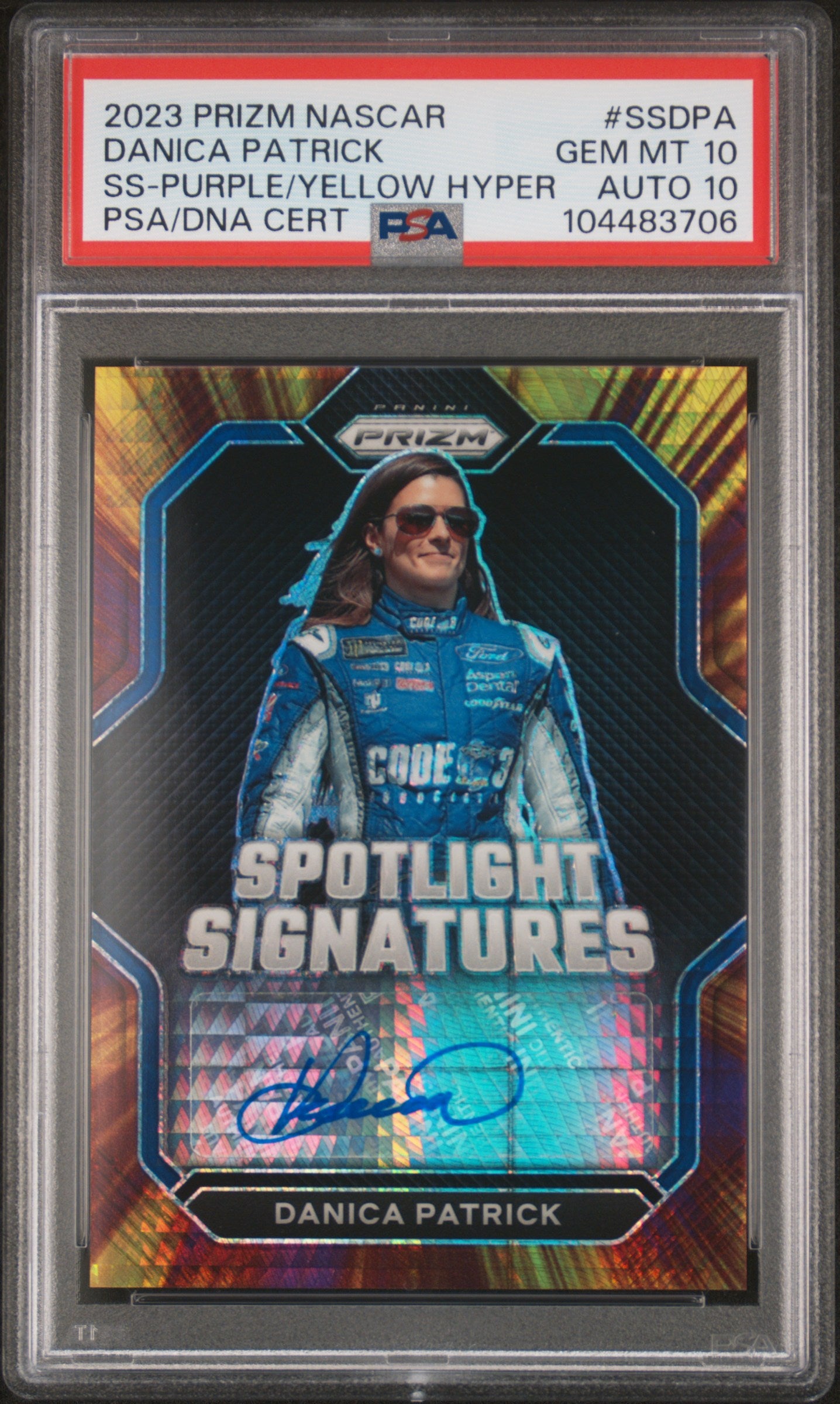 Danica Patrick 2023 Panini Prizm Purple/Yellow Hyper Auto #9/25 PSA 10 Auto 10