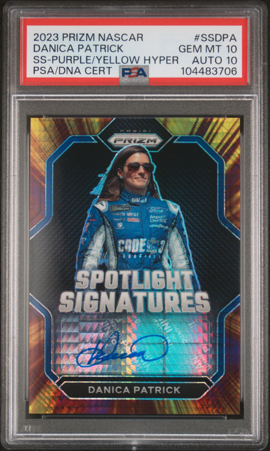 Danica Patrick 2023 Panini Prizm Purple/Yellow Hyper Auto #9/25 PSA 10 Auto 10