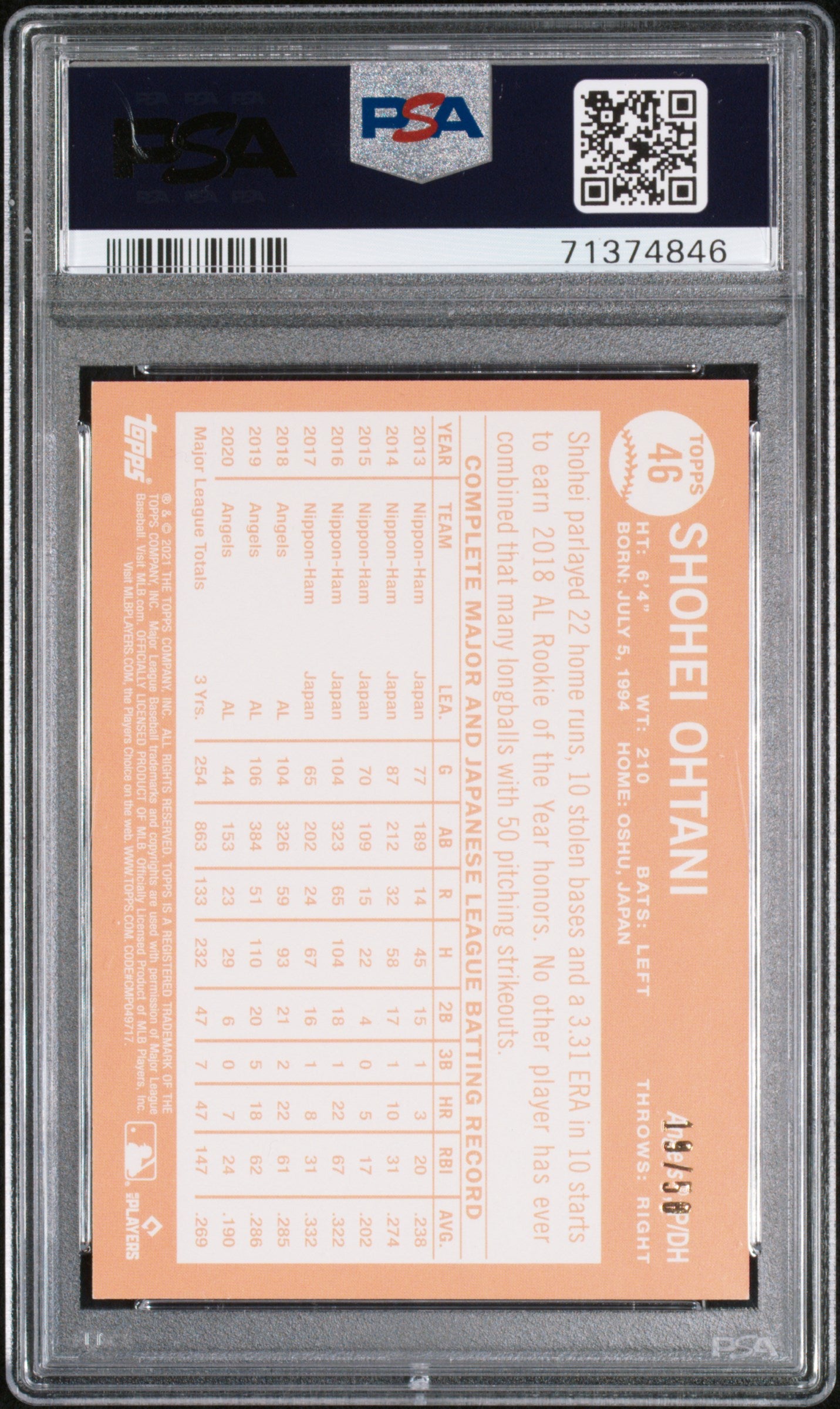 Shohei Ohtani 2021 Topps All-Star Rookie Cup Gold Foil #19/50 PSA 9 Mint