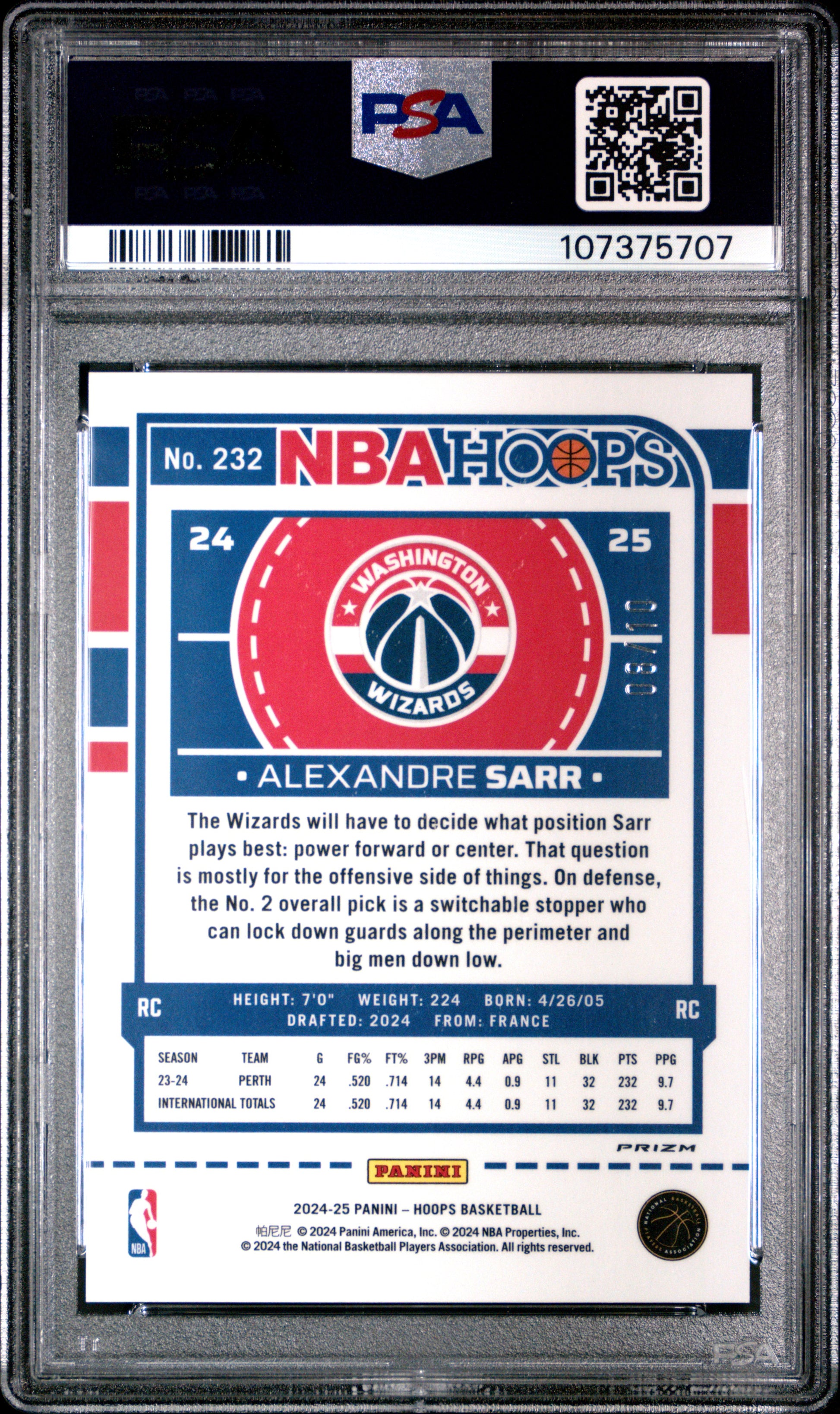 Alexandre Sarr 2024 Hoops PRemium Prizms Gold #8/10 PSA 10 Gem Mint