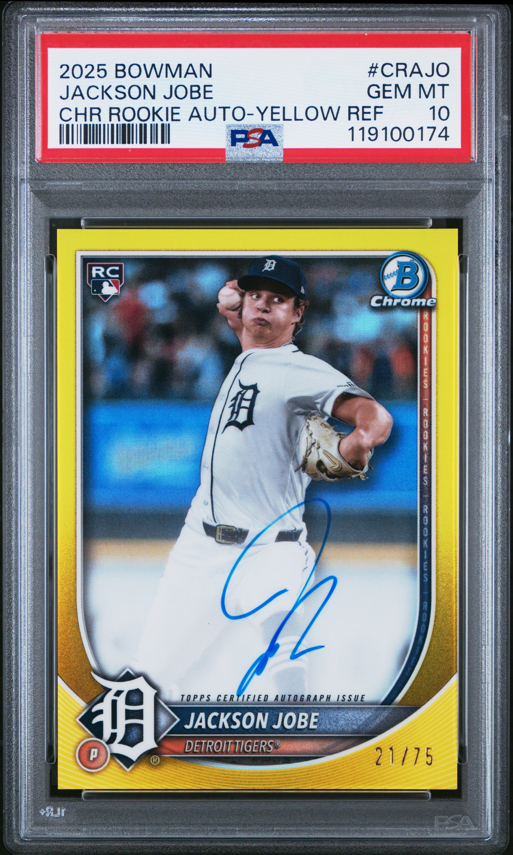 Jackson Jobe 2025 Bowman Rookie Yellow Auto #21/75 PSA 10 Gem Mint