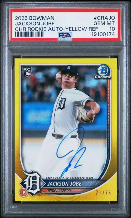 Jackson Jobe 2025 Bowman Rookie Yellow Auto #21/75 PSA 10 Gem Mint