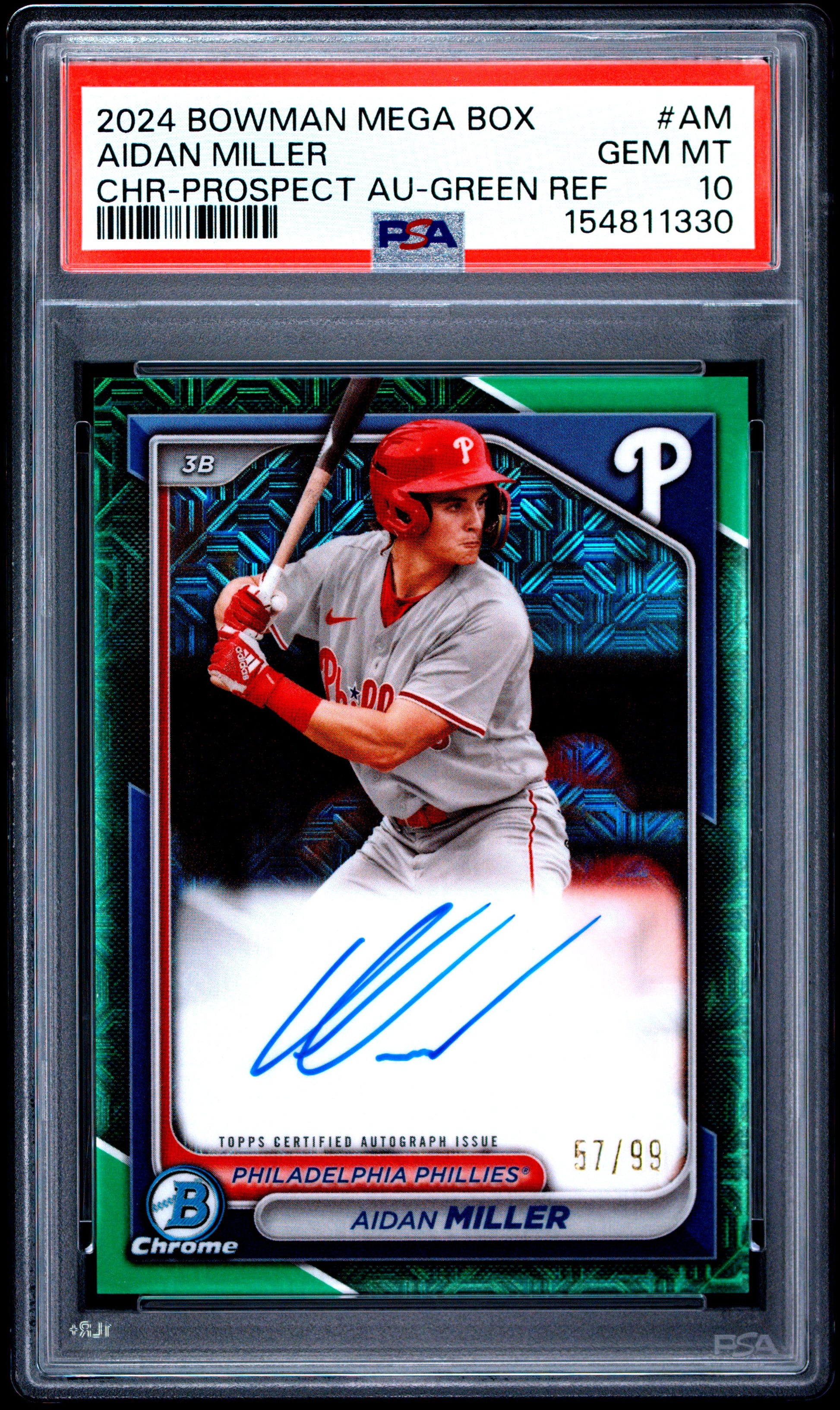 Aidan Miller 2024 Bowman Chrome Mega Box Green Refractor Auto #57/99 PSA 10 Gem Mint