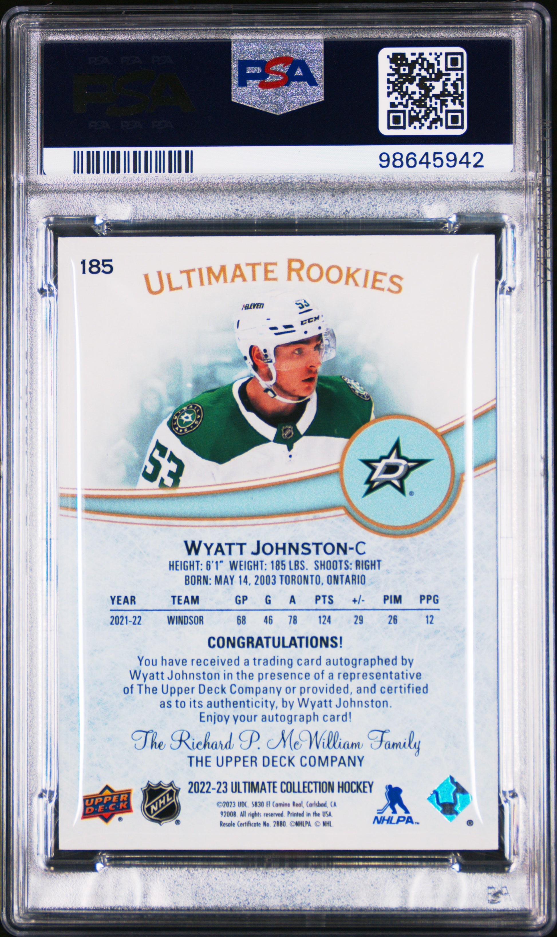 Wyatt Johnston 2022 Upper Deck Ultimate Rookie Auto #60/299 PSA 9 Mint