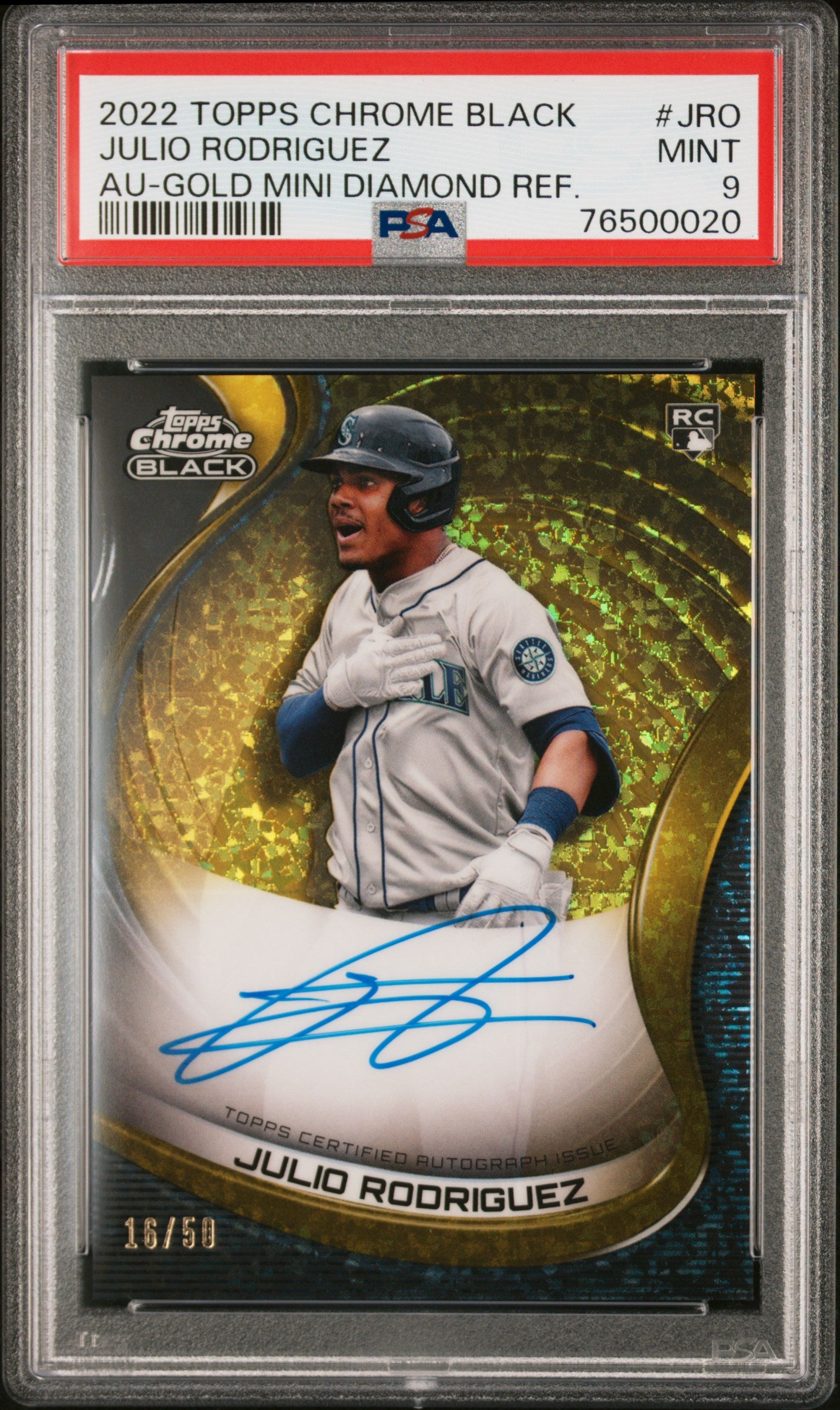 Julio Rodriguez 2022 Topps Chrome Black Rookie Auto Gold Mini Diamond #16/50 PSA 9 Mint