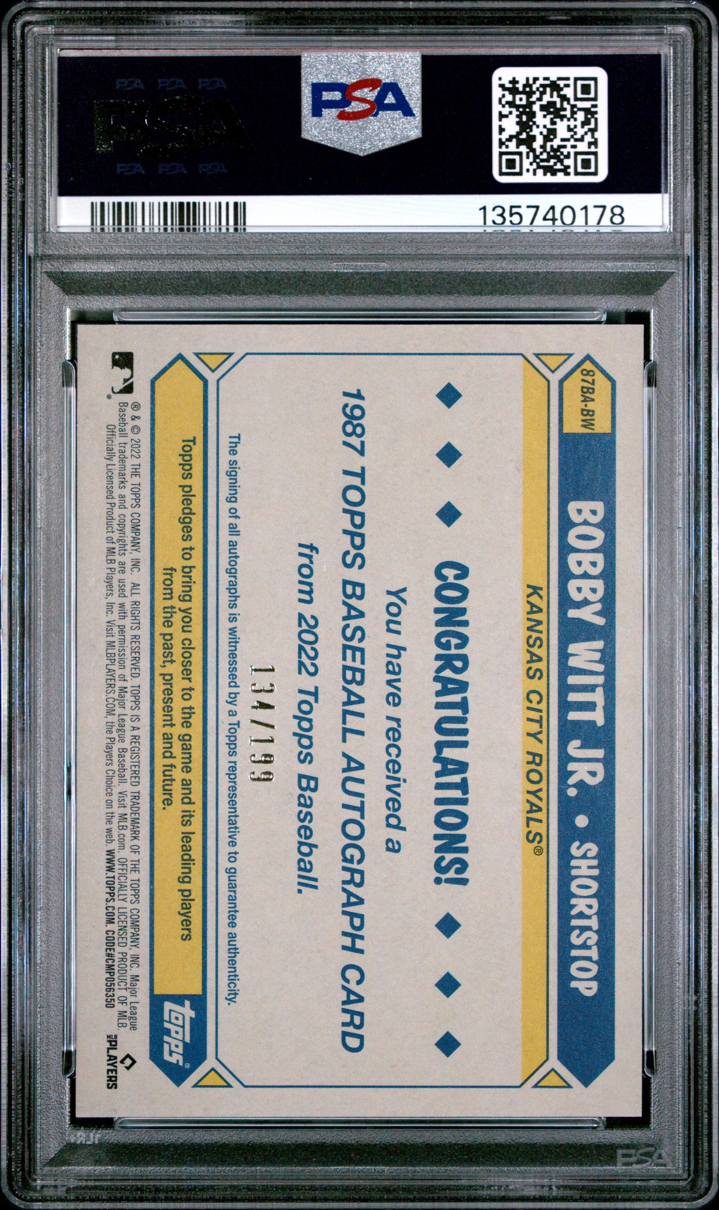 Bobby Witt Jr. 2022 Topps 1987 Topps Rookie Auto Black #134/199 PSA 9 Mint