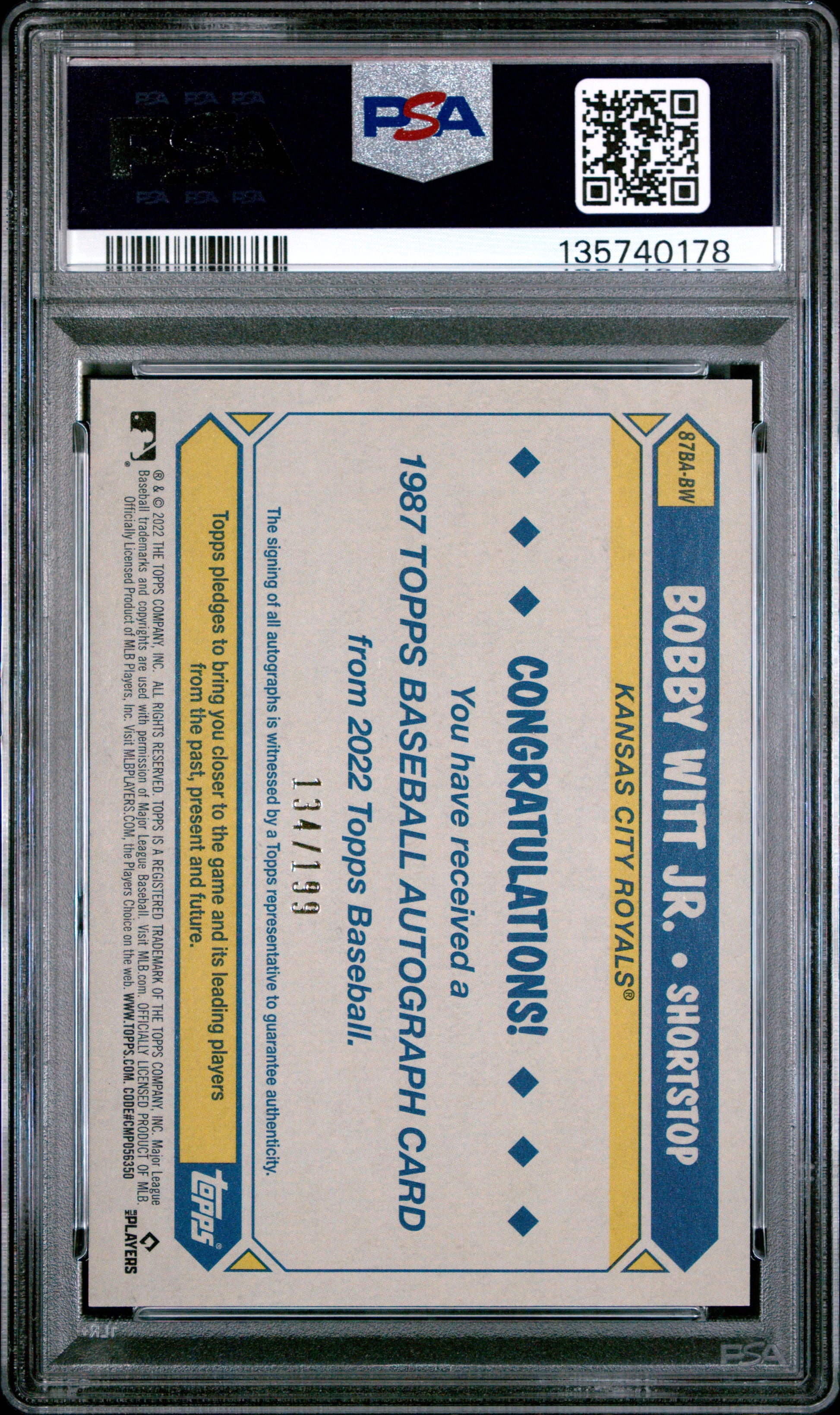Bobby Witt Jr. 2022 Topps 1987 Topps Rookie Auto Black #134/199 PSA 9 Mint